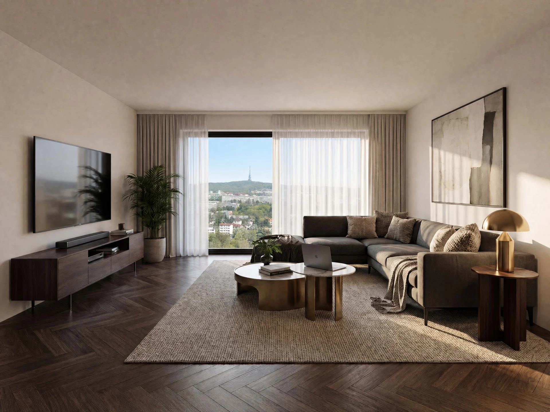 Obývacia izba Light Residence s veľkým oknom a výhľadom na Bratislavu
